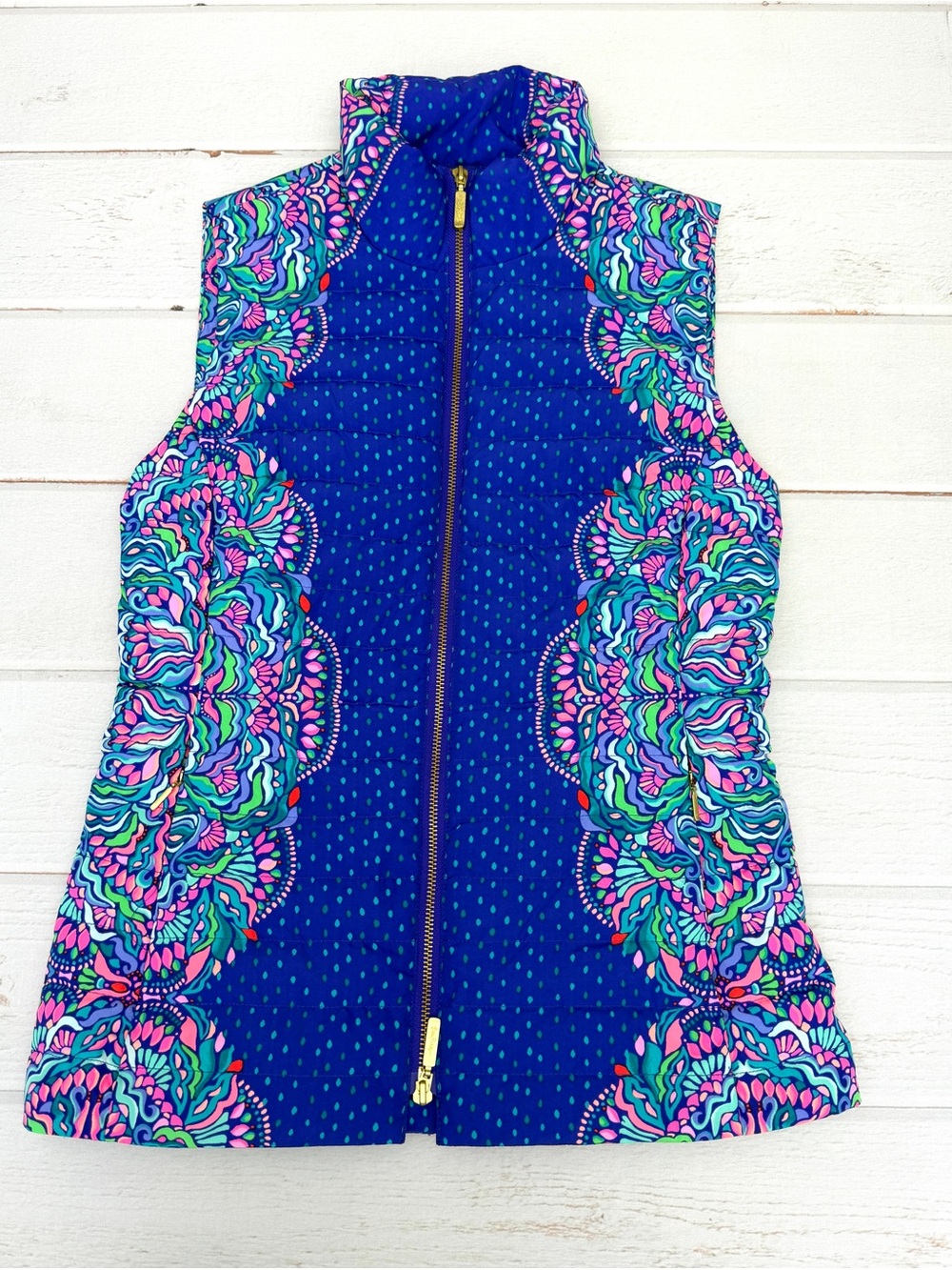 Lilly Pulitzer Puffer Vest Small Purple Blue Floral Down Filled